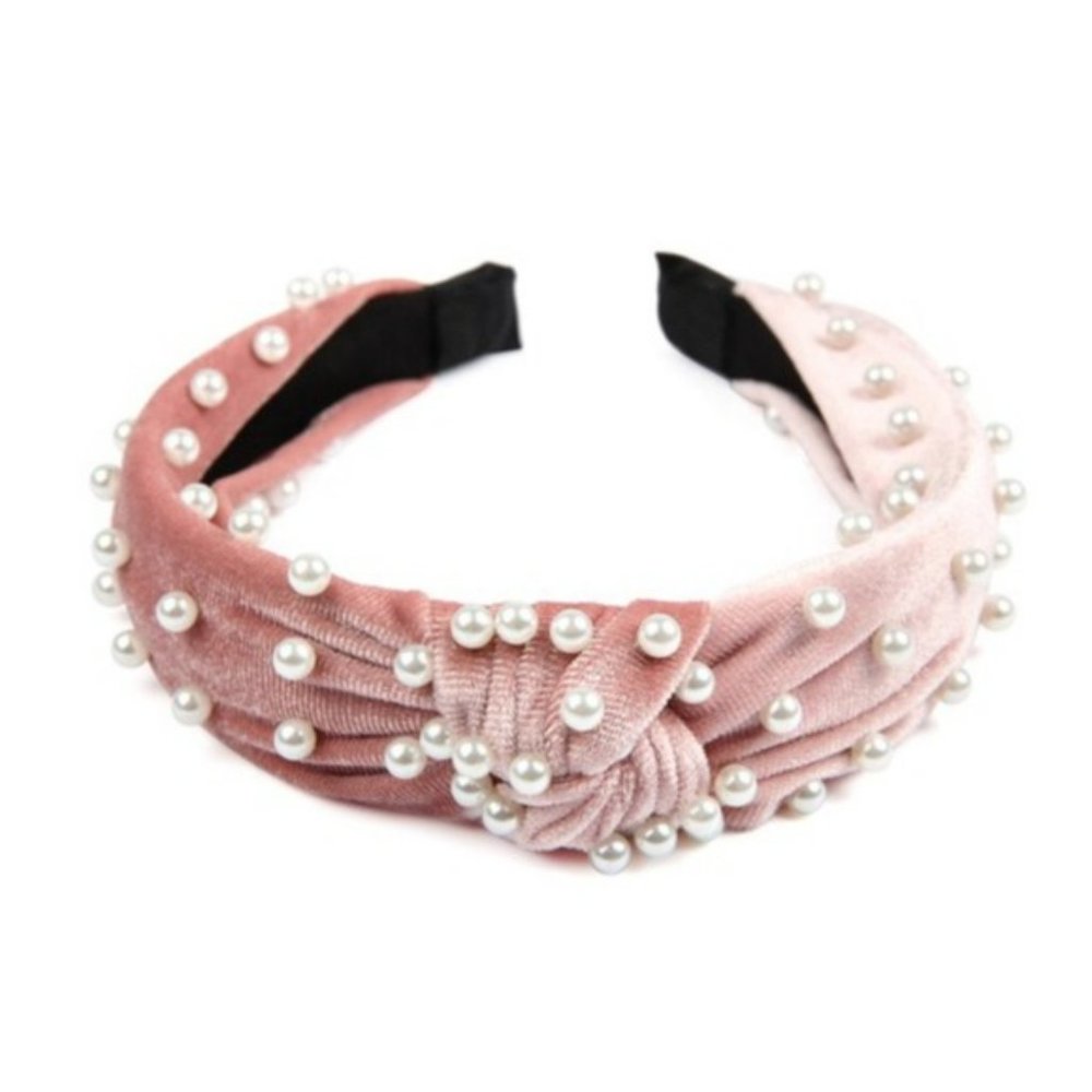 Someday Blush Boutique Pink Faux Pearl Velvet Knotted Headband - Picture 2 of 3
